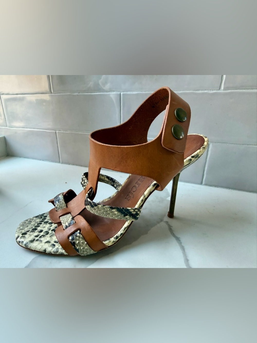 Pedro Garcia Tan Leather Sandals with Snakeskin Accents - Picture 3 of 9